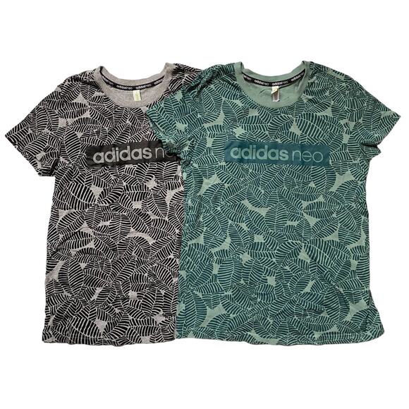 Adidas Neo Short Sleeve T-Shirts Tee Leaf Print Womens Spellout Athletic Workout - Picture 1 of 11